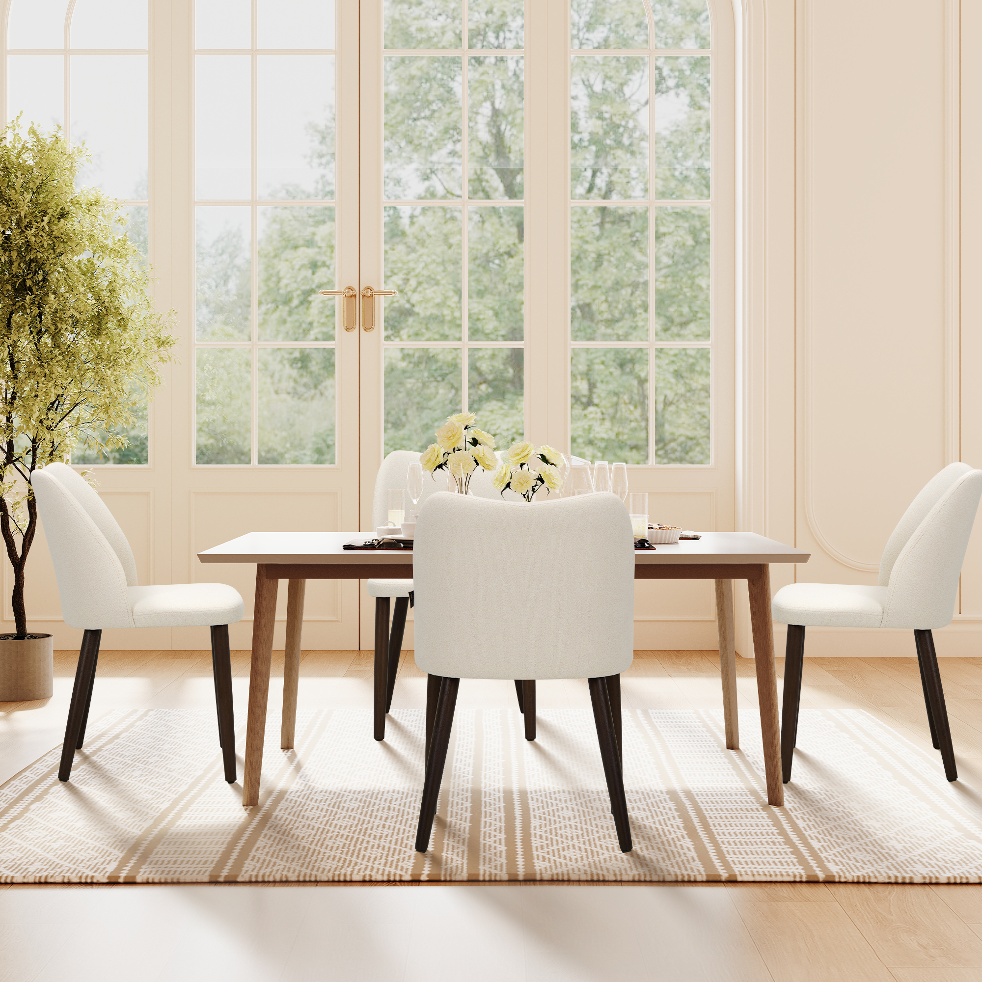COLAMY Modern Fabric Side Chairs with Cushioned Seat and Wooden Legs , Upholstered Dining Room Chairs Set of 6 for Kitchen, Café or Restaurant – Beige